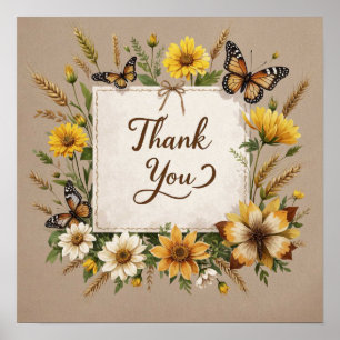 Thank you Hand drawn wildflowers, wheat stalks Poster