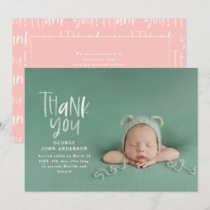 Thank you hand written modern pink girly photo announcement