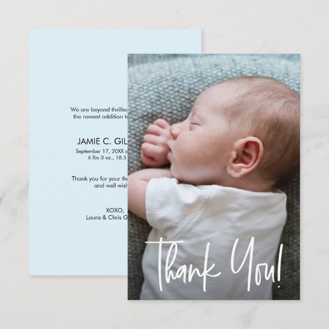 Thank You Handlettering Blue Baby Boy Shower  Card (Front/Back)