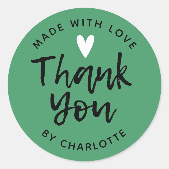 Thank You Handmade With Love Green Classic Round Sticker (Front)