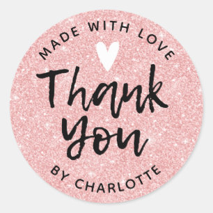 Thank You Handmade With Love Pink Glitter Classic Round Sticker