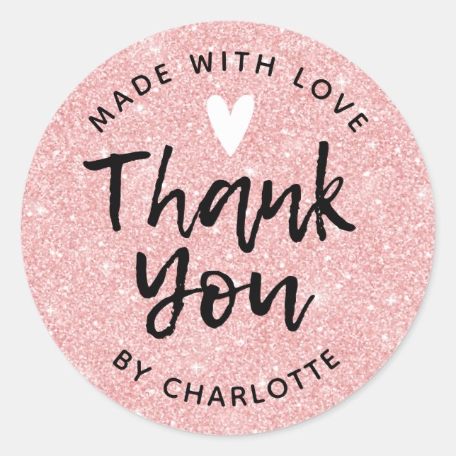 Thank You Handmade With Love Pink Glitter Classic Round Sticker (Front)