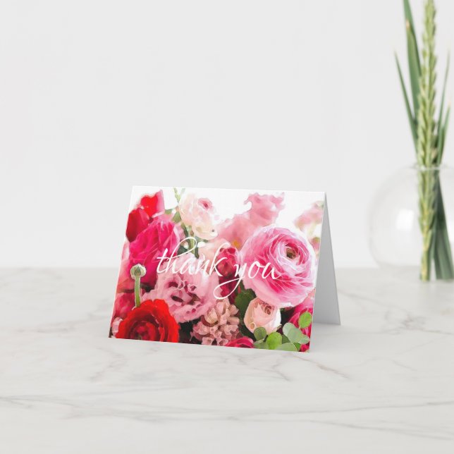 Thank You Handwritten Script Watercolor Roses Chic Card (Front)