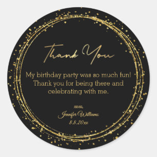 thank you happy birthday black golden glitters classic round sticker
