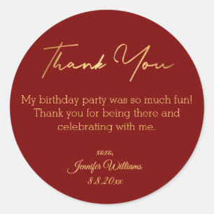 thank you happy birthday red gold minimalist  classic round sticker