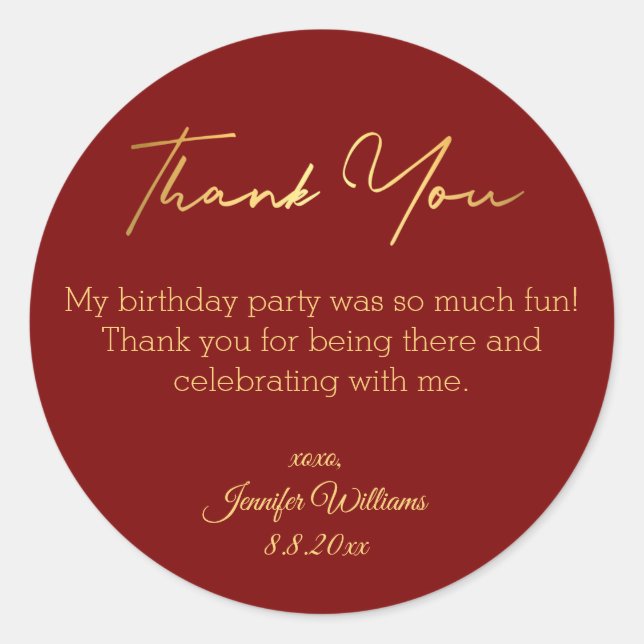 thank you happy birthday red gold minimalist  classic round sticker (Front)
