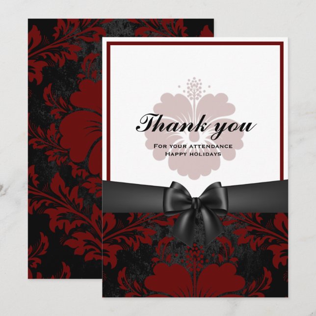 Thank you happy holiday black bow, red floral invitation (Front/Back)