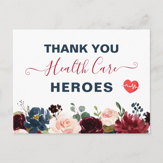 Thank You Healthcare Heroes Burgundy Navy Floral Postcard (Front)