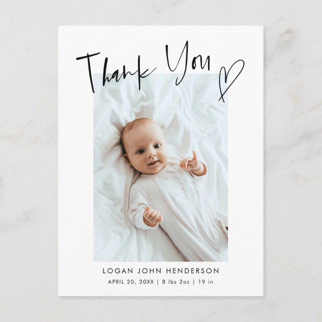 Thank You Heart Casual Script Baby Photo Birth  Announcement Postcard (Front)