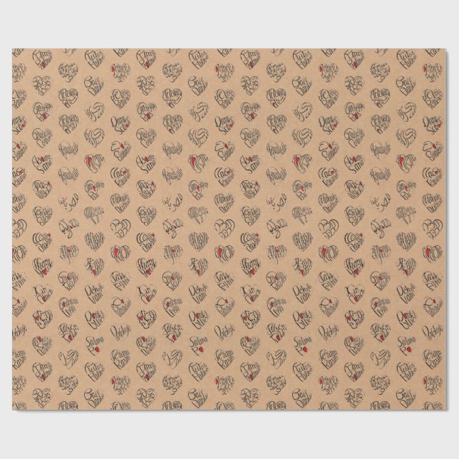 Thank you & heart in 44langs as BK ♡shaped pattern Wrapping Paper (Flat)