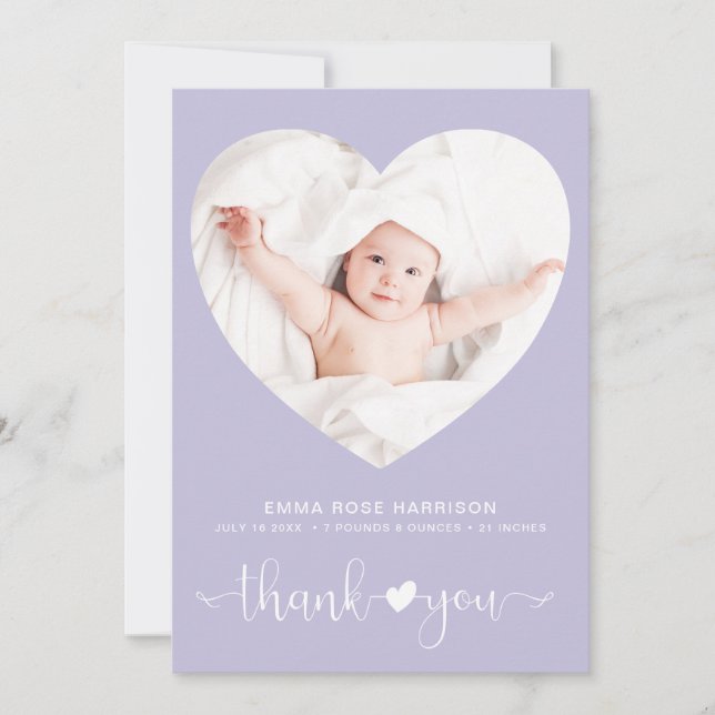 Thank You Heart Photo Purple Girl Birth Announcement (Front)