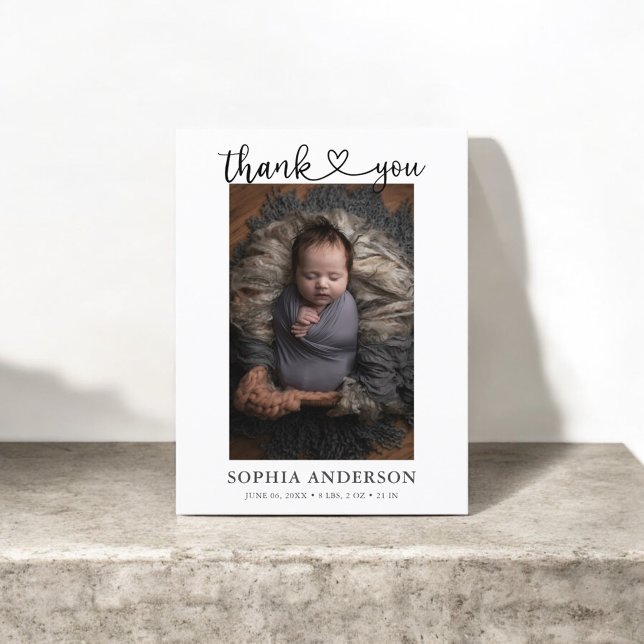 Thank You Heart Script Photo Birth Announcement Postcard (Creator Uploaded)