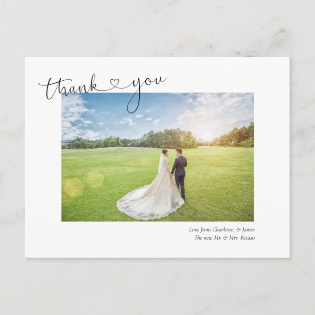 Thank You Heart Typography Photo Wedding Postcard (Front)