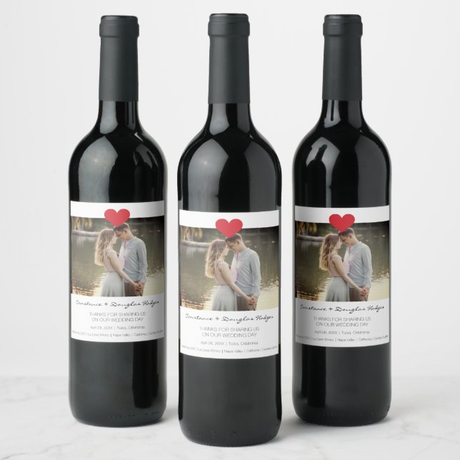 Thank You Heart Wedding Photo Engaged Couple Wine Label (Bottles)