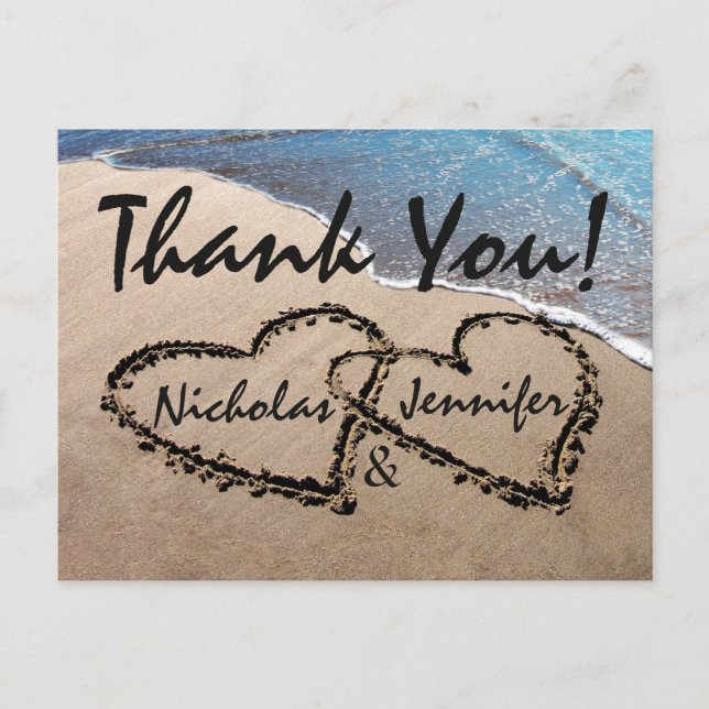 Thank You Hearts In Sand Wedding Beach Postcard (Front)