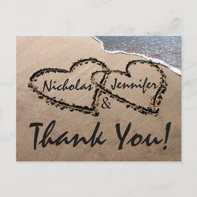 Thank You Hearts Written In Sand Wedding Postcard (Front)