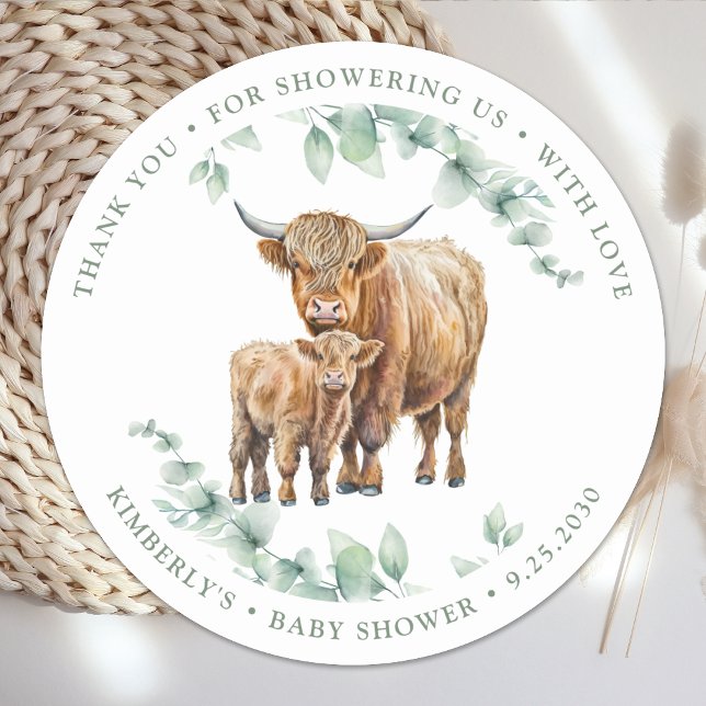 Thank You Highland Cow Boho Greenery Baby Shower Classic Round Sticker (Creator Uploaded)