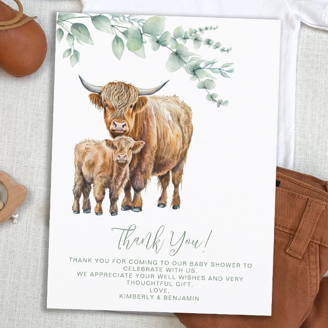 Thank You Highland Cow Greenery Baby Shower Holiday Postcard (Creator Uploaded)