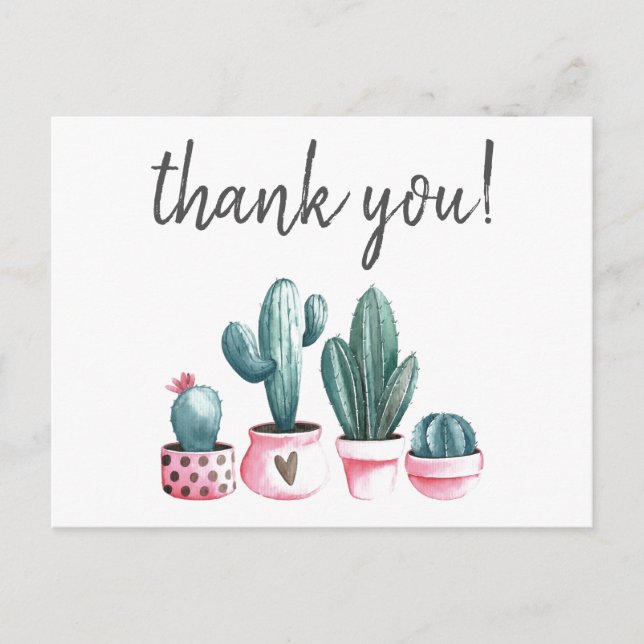 Thank you hipster cactus pink watercolor print postcard (Front)