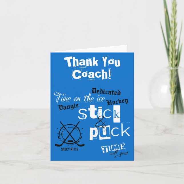 Thank You Hockey Coach Stick and Puck Time on Blue Card (Front)