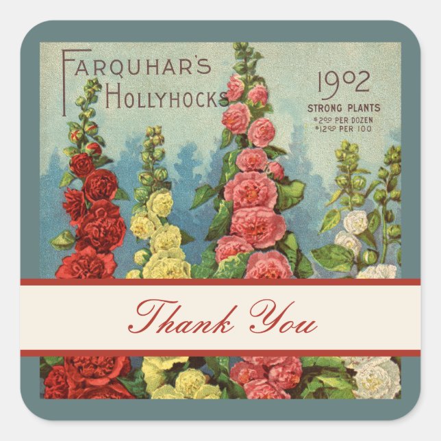 Thank You Hollyhocks Peach Red Seed Packet Art Square Sticker (Front)