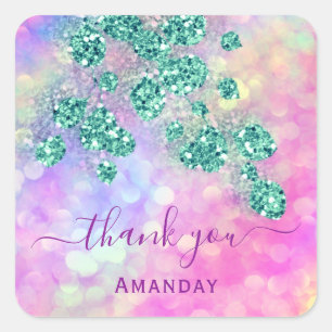 Thank You  Holograph Pink Green Floral 16th Square Sticker