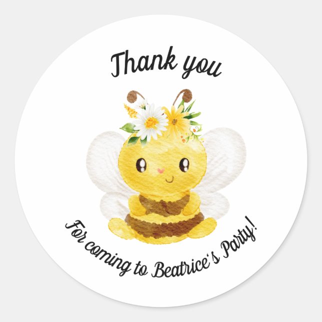 Thank you honey bee birthday party favour  classic round sticker (Front)