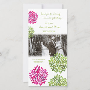 Thank You Hot Pink & Green Blooms Wedding Photo Card