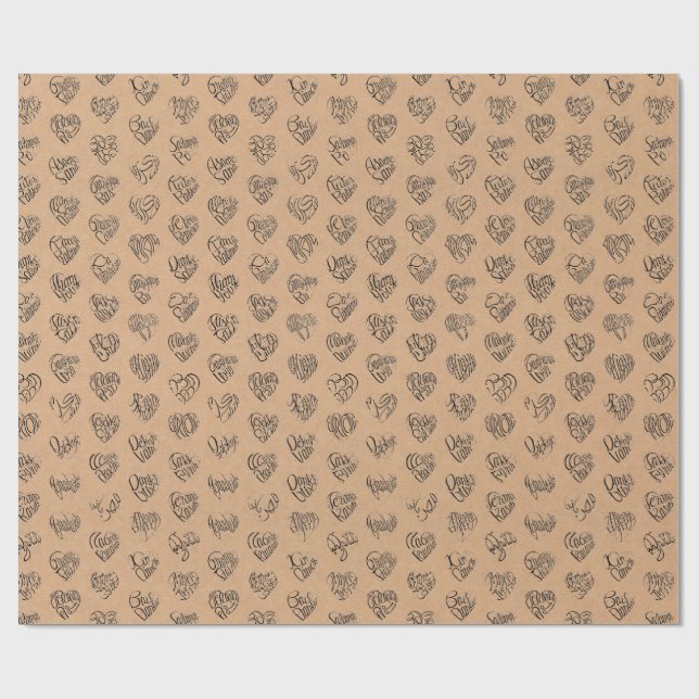 Thank you in 44langs as black heart shaped pattern wrapping paper (Flat)