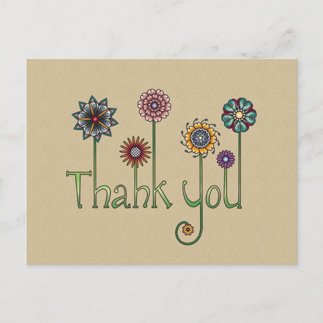 Thank You in Doodle Art Flowers Postcard (Front)
