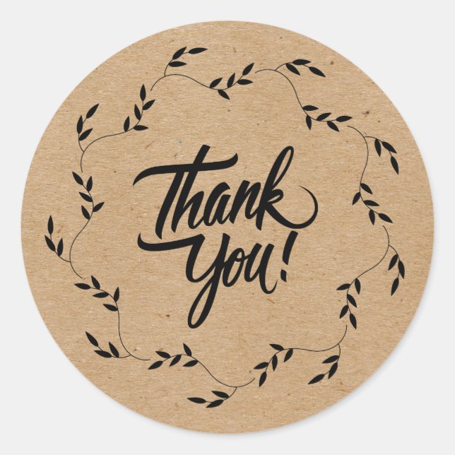 Thank you in leaf round leaves on Kraft paper  Classic Round Sticker (Front)