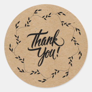 Thank you in leaf round leaves on Kraft paper  Classic Round Sticker