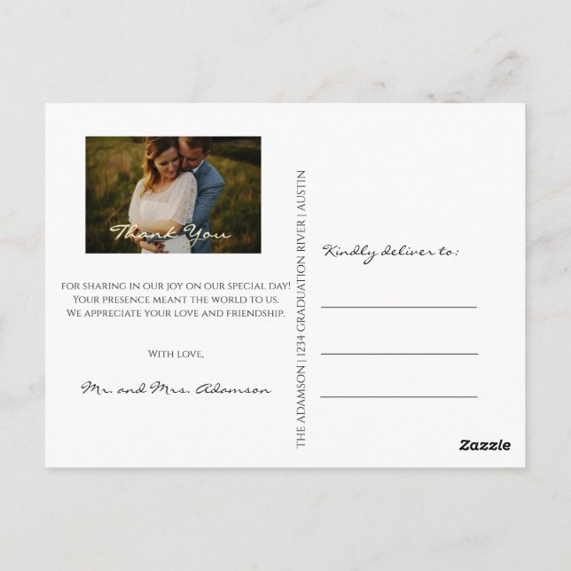 Thank You In Love Wedding Photo Gold Script White Postcard (Back)