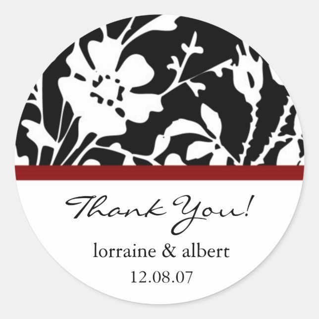 Thank You Labels, Black Floral Top Classic Round Sticker (Front)