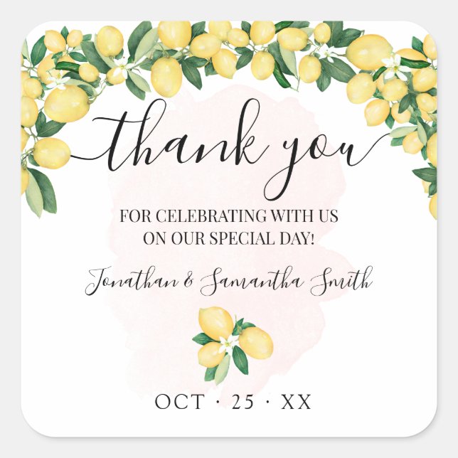 Thank you Lemons Pink Wedding Bridal Shower Square Sticker (Front)