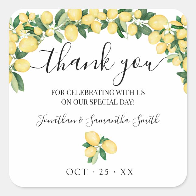 Thank you Lemons Wedding Bridal Shower Square Sticker (Front)