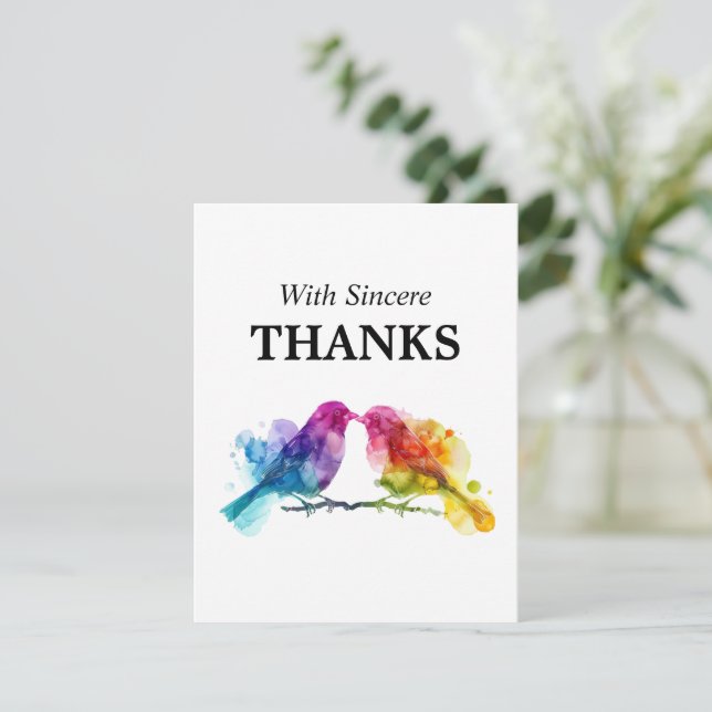 🌈Thank you  LGBTQ+  Rainbow Lovebirds Thank You Card (Standing Front)