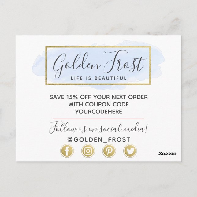 Thank You Light Blue Watercolor & Modern Gold Geo Postcard (Back)