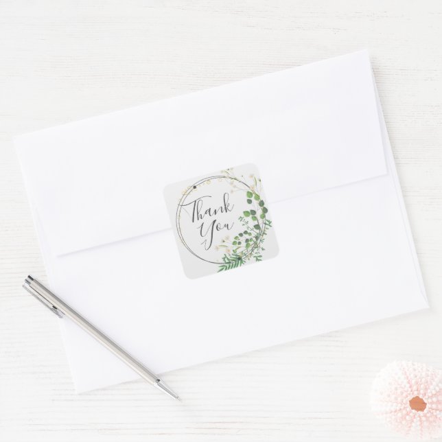Thank You Light Grey Greenery Wreath Square Sticke Square Sticker (Envelope)