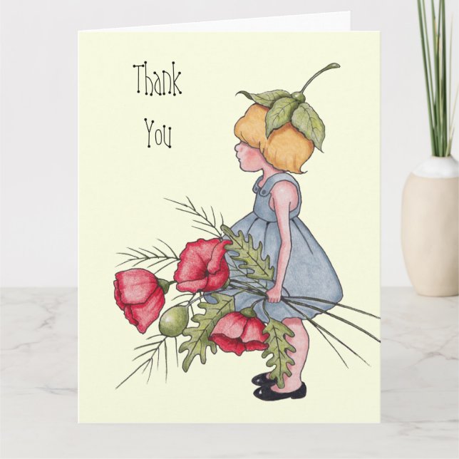 Thank You, Little Girl with Poppy Flowers, Art Thank You Card (Front)
