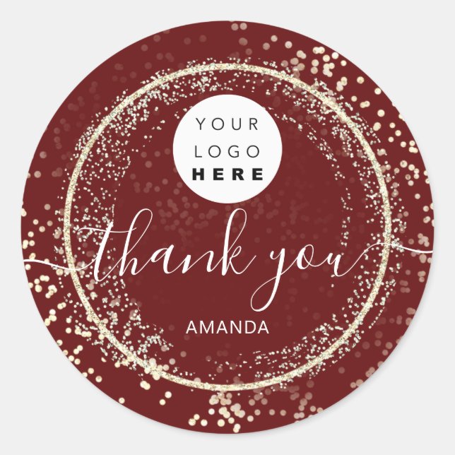 Thank You Logo Gold Glitter Burgundy Frame   Classic Round Sticker (Front)