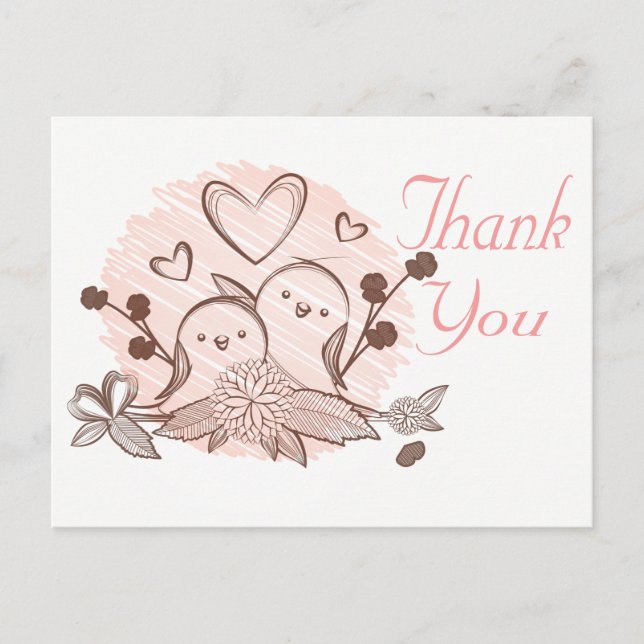 Thank You Lovebirds Pink & Brown Wedding Love Postcard (Front)