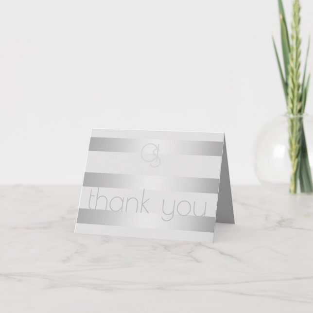 Thank You | Luminous Silver Stripes Monogram Note Card (Front)