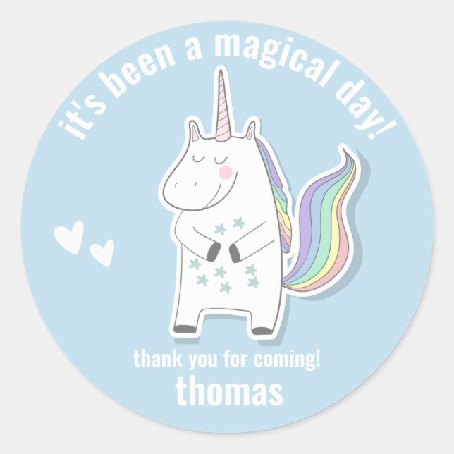Thank You, Magical Day- Cute Unicorn Kids Birthday Classic Round Sticker (Front)
