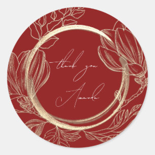 Thank You Magnolia Floral Garden Burgundy Gold   Classic Round Sticker
