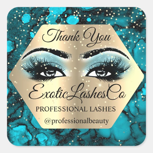 Thank YOU  Makeup Artist Gold LASHES Blue Gold Square Sticker (Front)