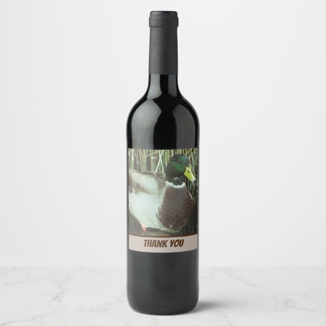 Thank You Mallard Duck Photo Nature Lake Bird Wine Label (Front)