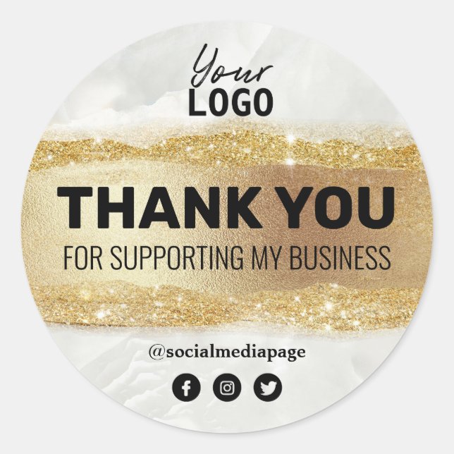 Thank You Marble And Gold Business Logo Classic Round Sticker (Front)