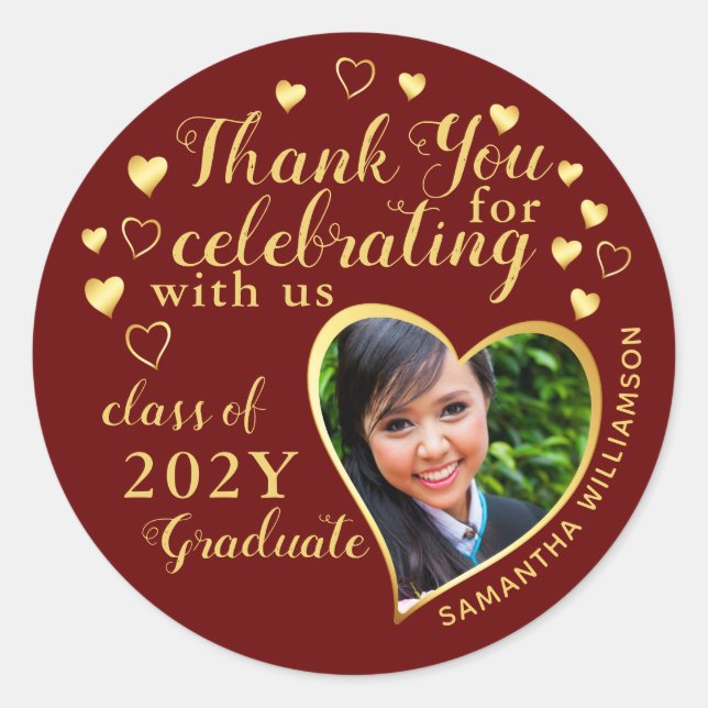 Thank You Maroon Red Gold 2025 Graduation Favour Classic Round Sticker (Front)