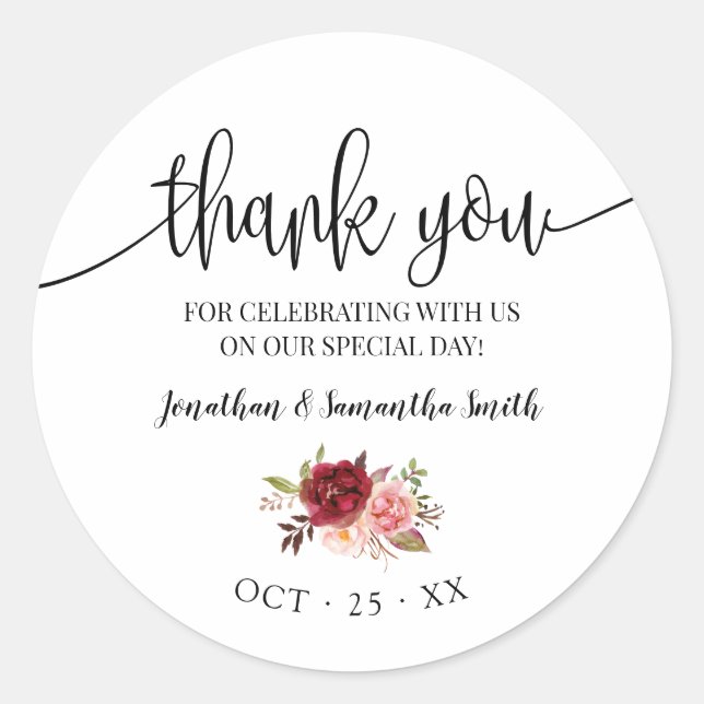 Thank you Marsala Floral Wedding Country Chic Classic Round Sticker (Front)